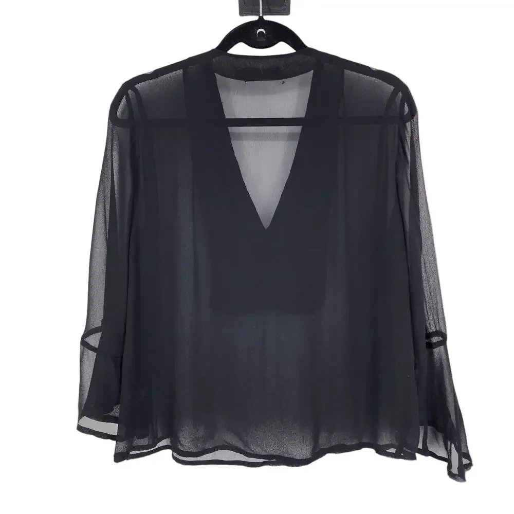Antik Batik Black Chiffon Beaded V-Neck Long Sleeve Bohemian Blouse Size Medium
